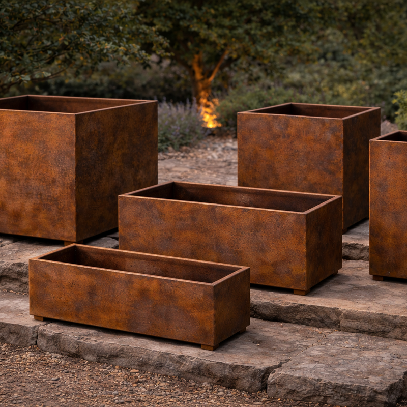 Žardinjere od corten čelika debljine 3mm. Dostupne u različitim dimenzijama prema potrebama prostora. 